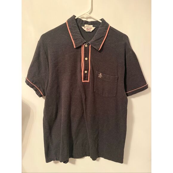 Penguin Polo Shirt Mens Size Large pink trim Cotton grey short sleeve classic fi - Picture 1 of 5